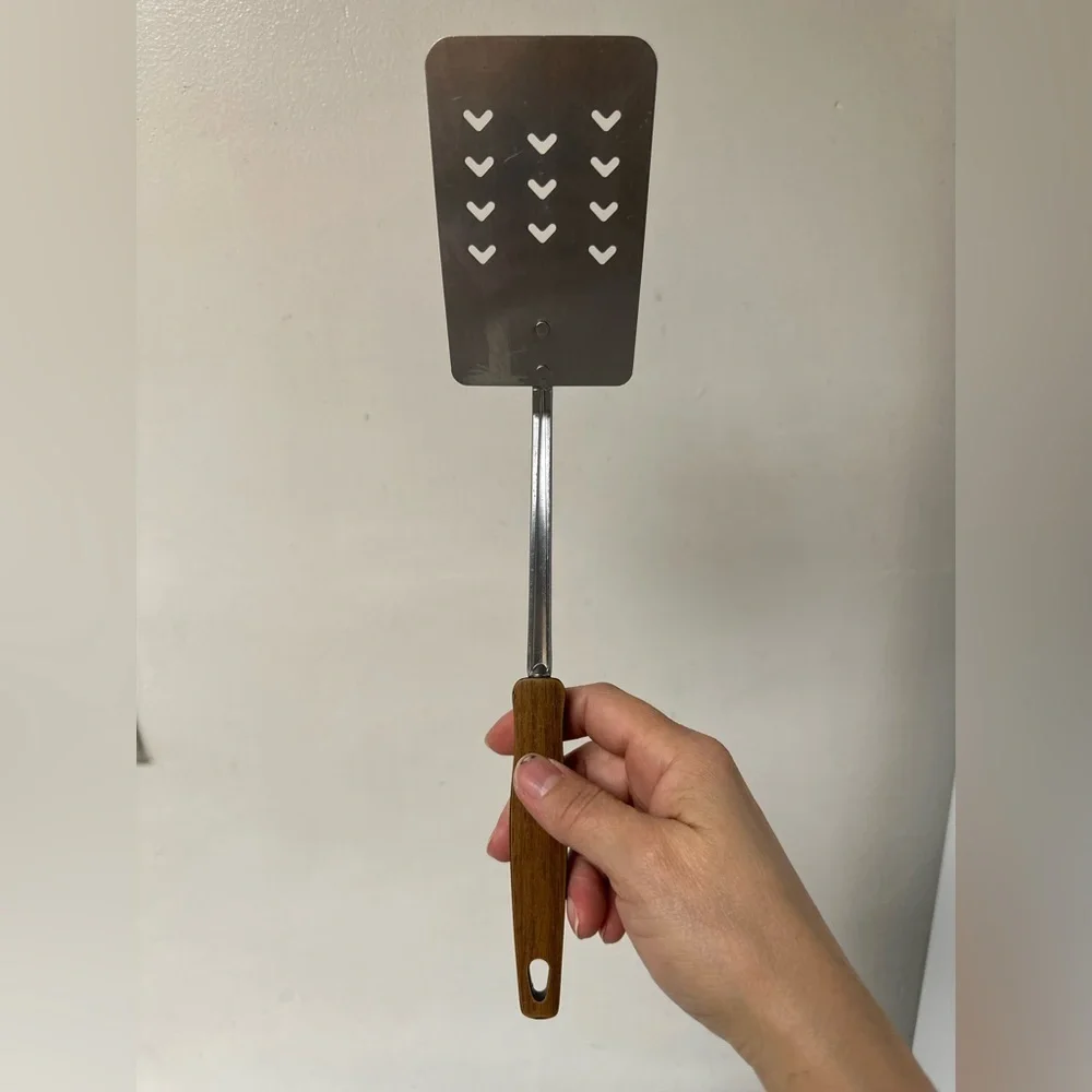 EKCO USA Faux Wood & Black Handle SLOTTED STAINLESS SPATULA FLIPPER Vtg Heart